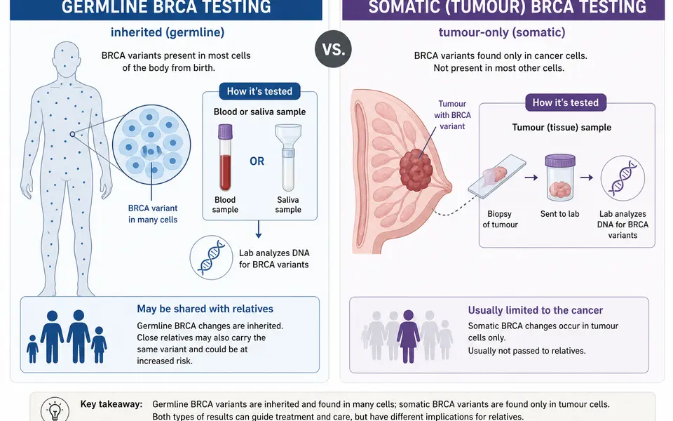 Diagram showing germline BRCA testing with blood or saliva compared with somatic BRCA testing on tumour tissue.