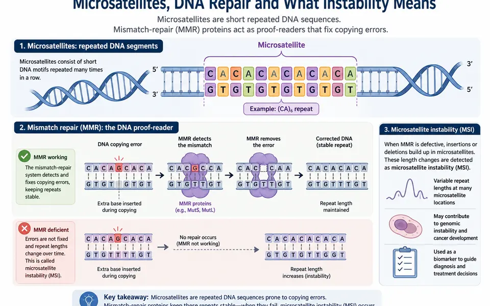 Diagram of a DNA double helix with highlighted microsatellite repeat regions and a proof-reading mismatch repair protein complex.