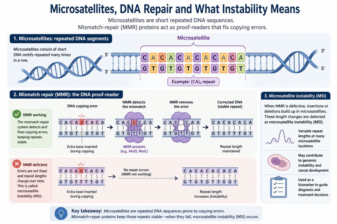Diagram of a DNA double helix with highlighted microsatellite repeat regions and a proof-reading mismatch repair protein complex.