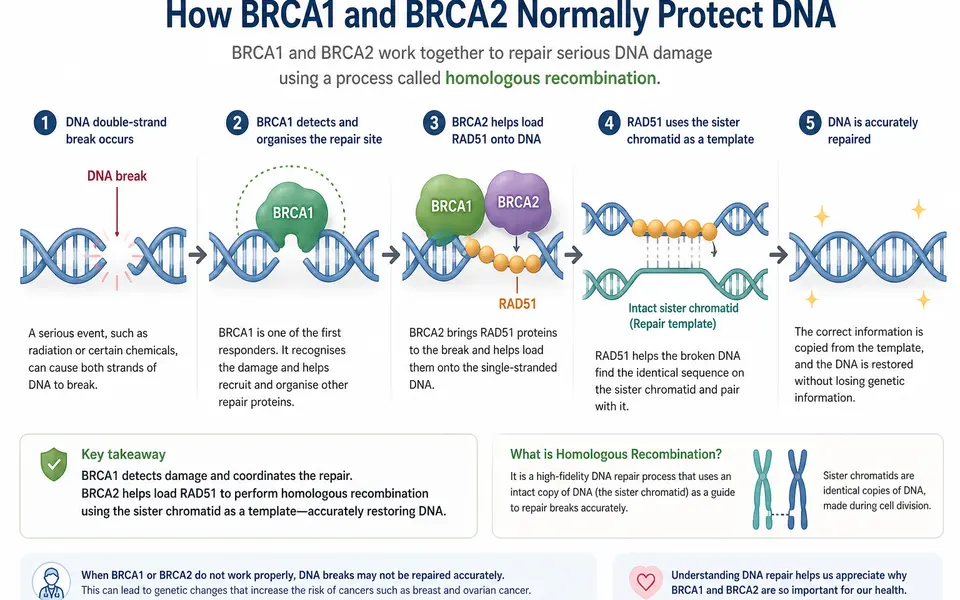 Illustration of BRCA1 and BRCA2 helping repair a DNA double-strand break using an intact DNA template.